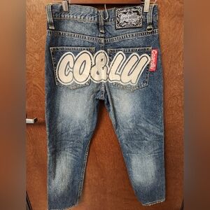 CO & LU Rare Women's Straight Leg Jeans Blue With Paint On Back